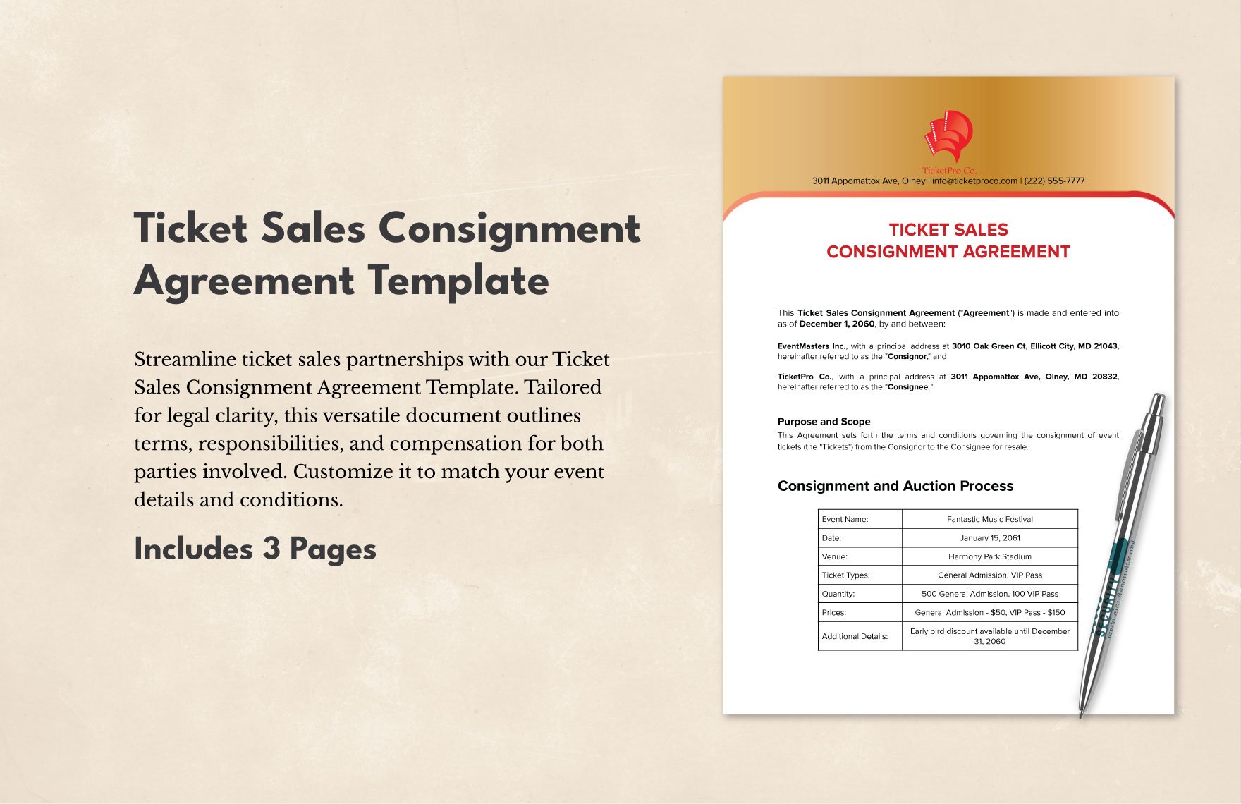 Ticket Sales Consignment Agreement Template in Word, Google Docs, PDF