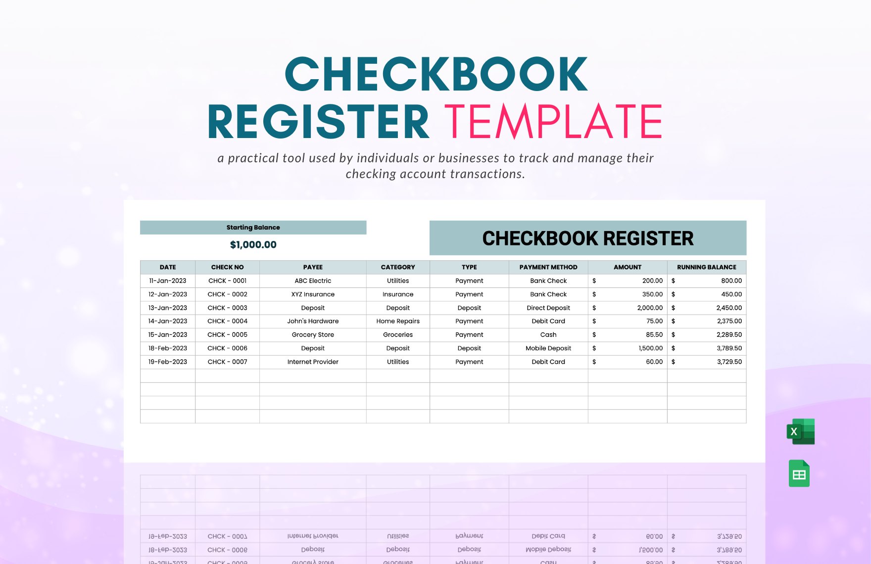 Checkbook Register Template in Excel, Google Sheets