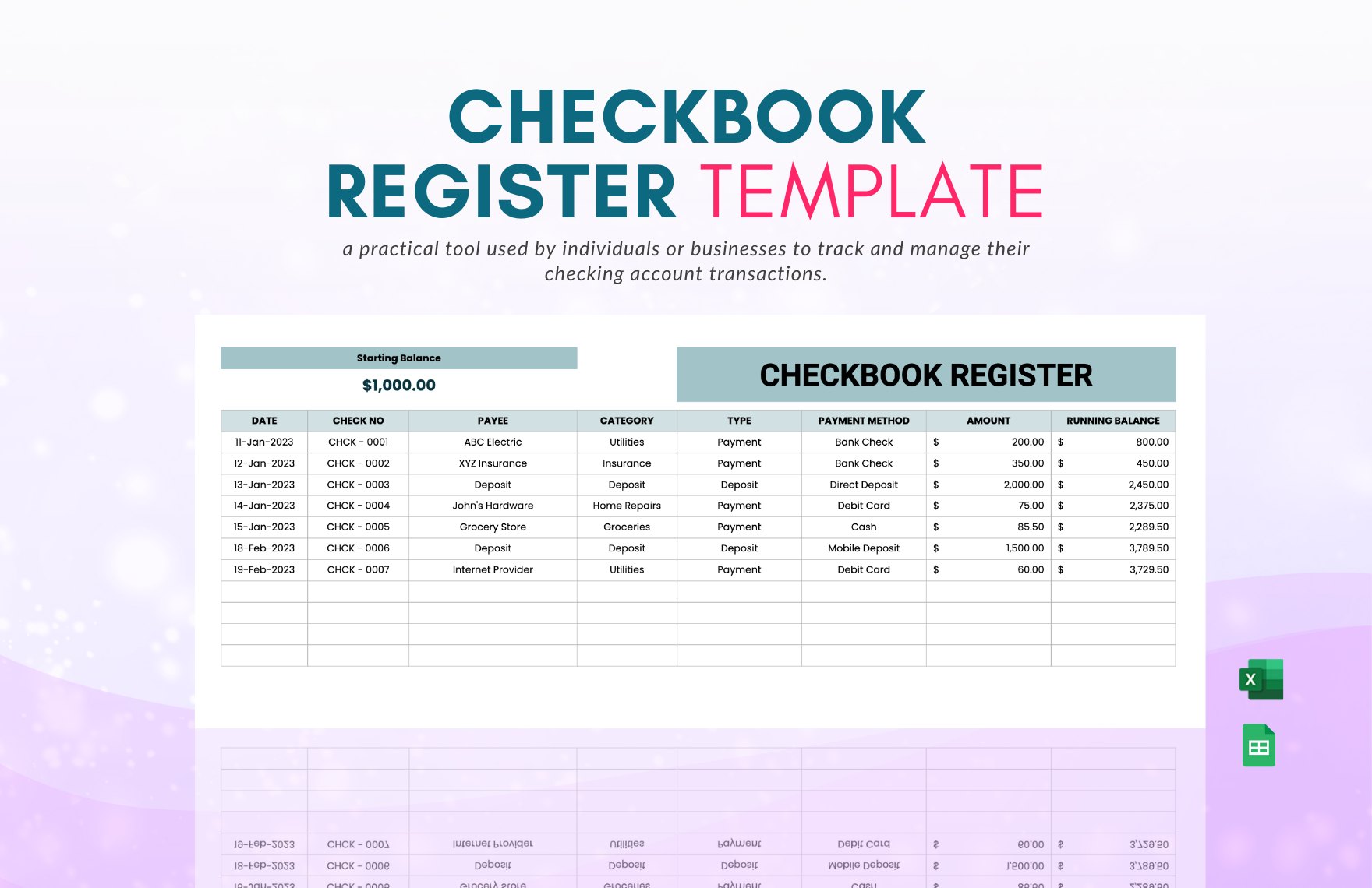 Checkbook Register Template in Excel, Google Sheets - Download | Template.net