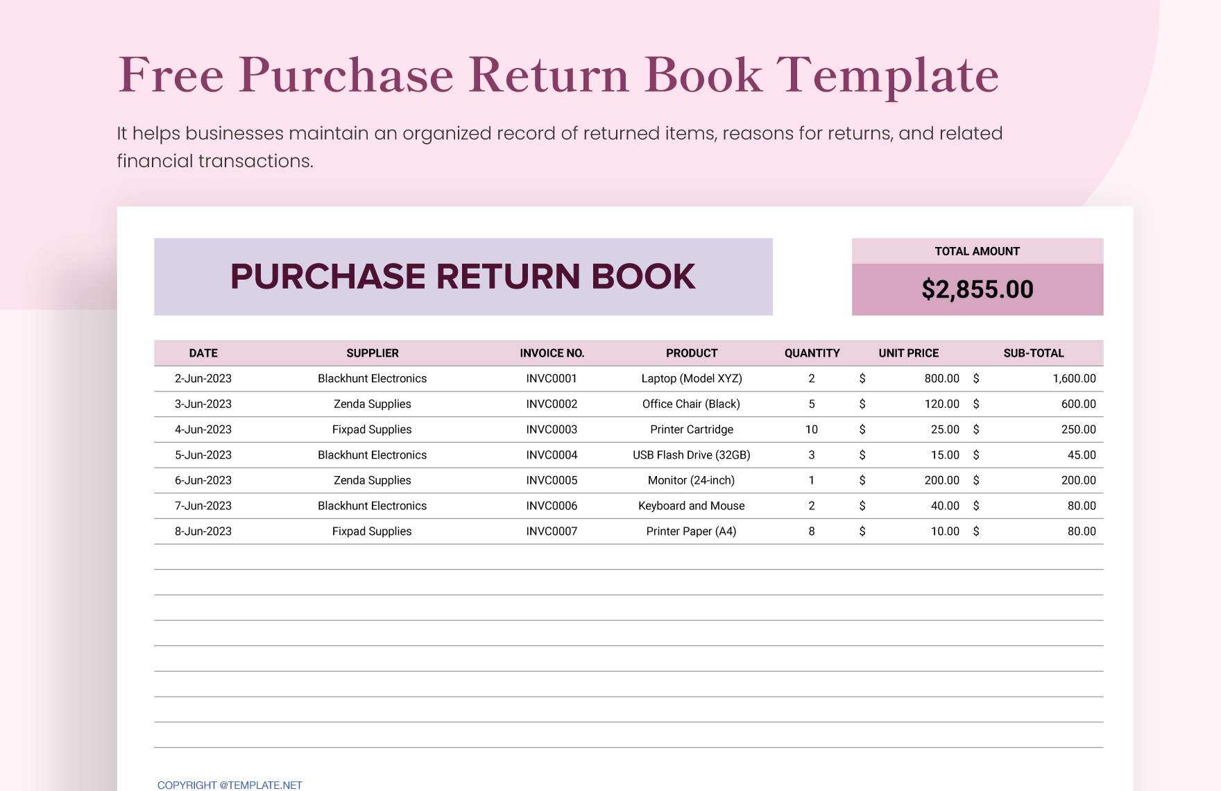 Free Purchase Return Book Template in Excel, Google Sheets