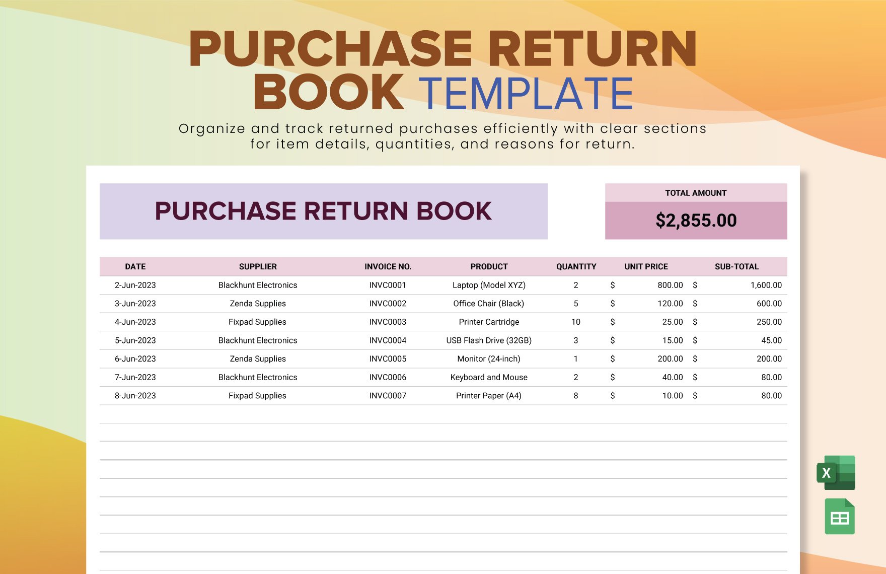 Free Purchase Return Book Template in Excel, Google Sheets