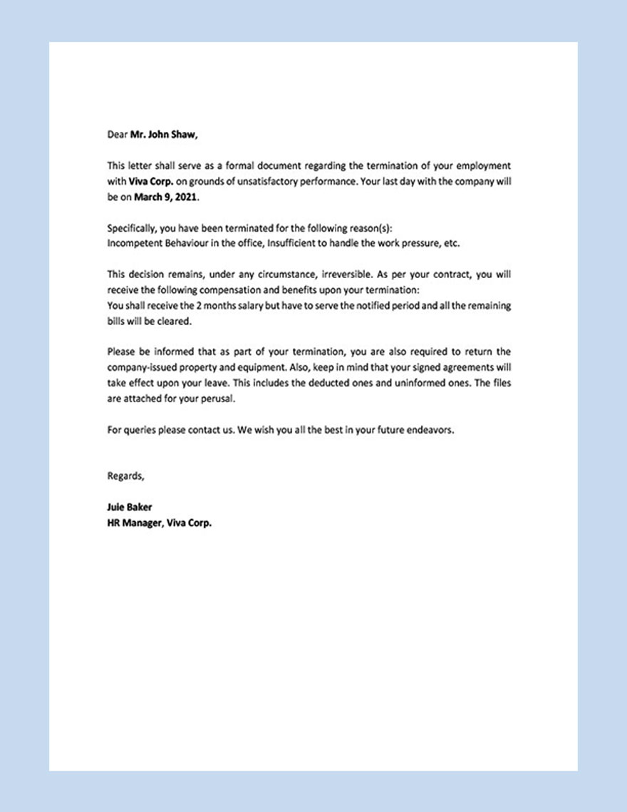 Termination Letter Template for Poor Performance Google Docs Word