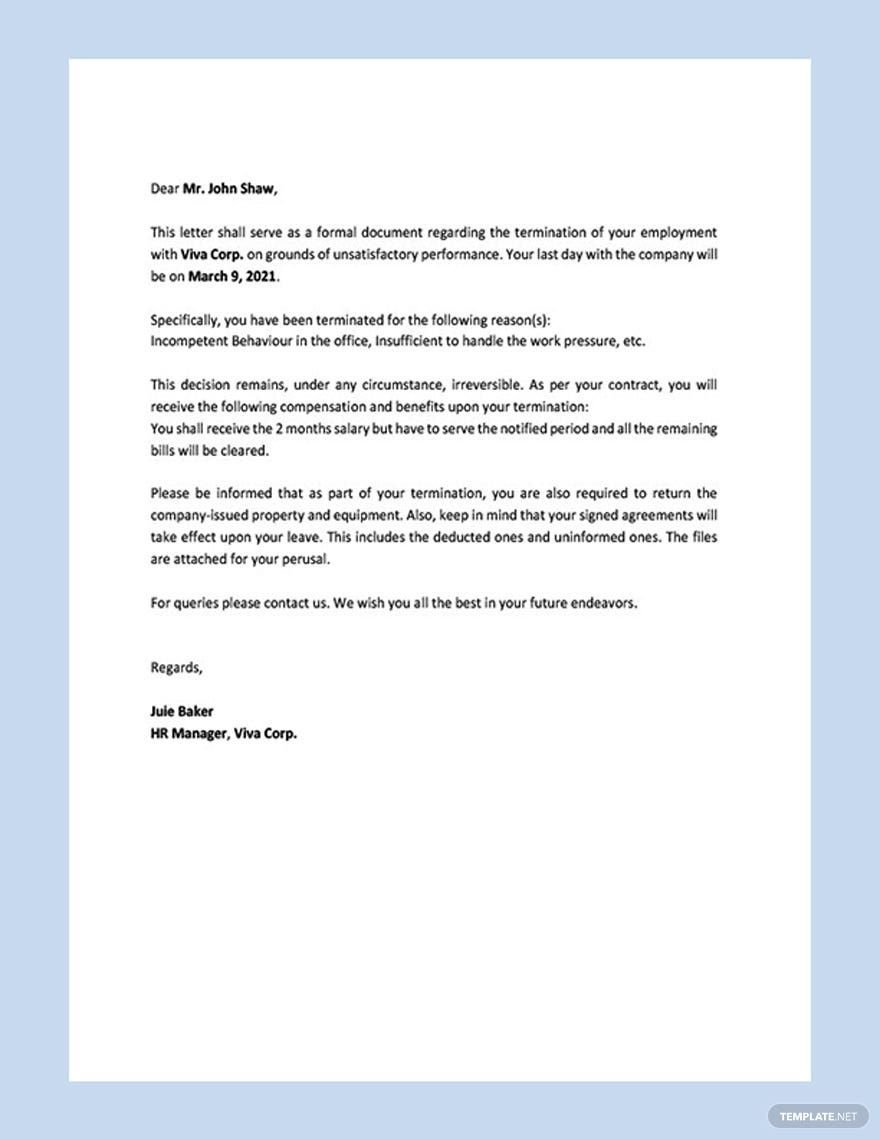 Termination Letter for Poor Performance