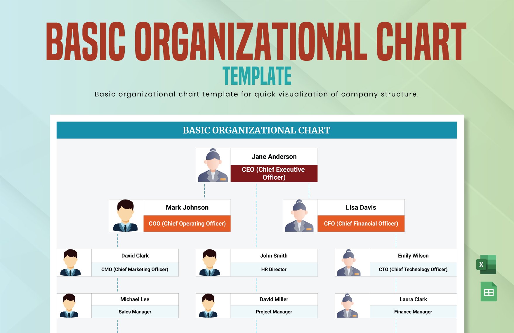 Basic Organizational Chart Template in Excel, Google Sheets