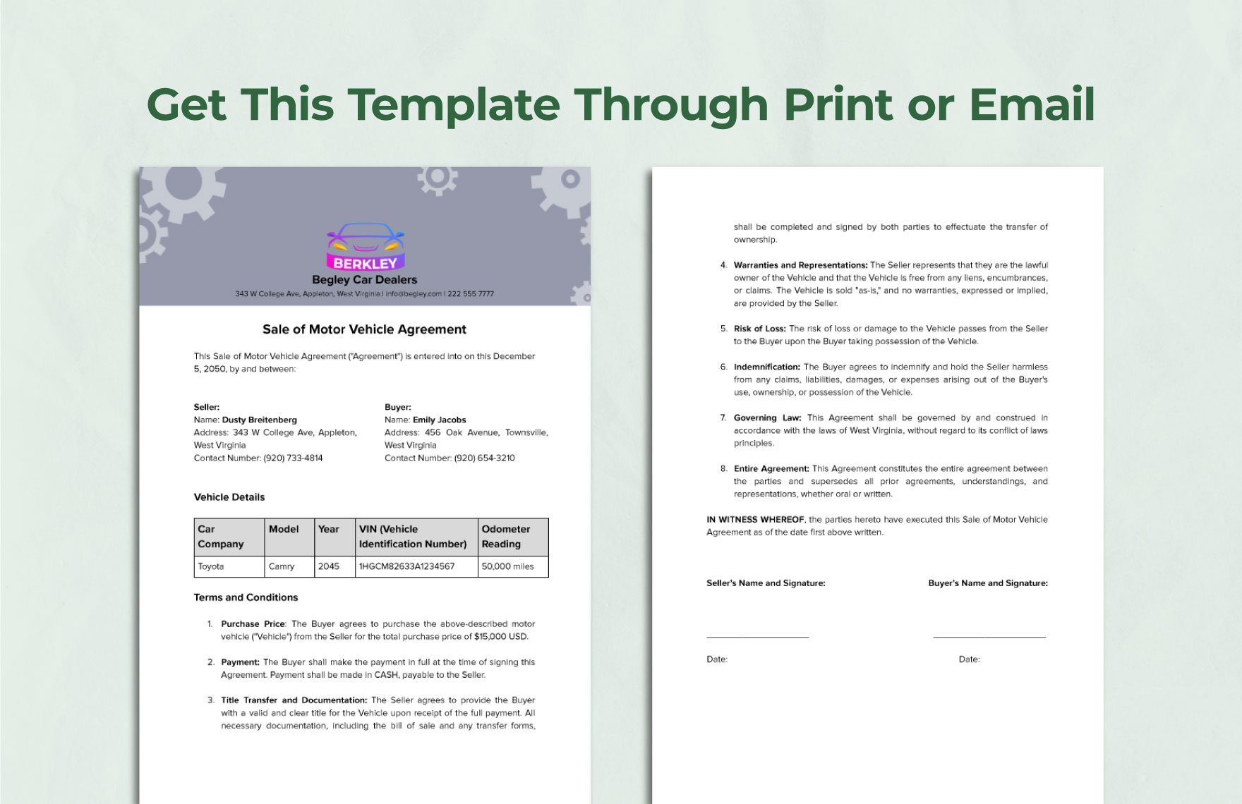 Sale of Motor Vehicle Agreement Template