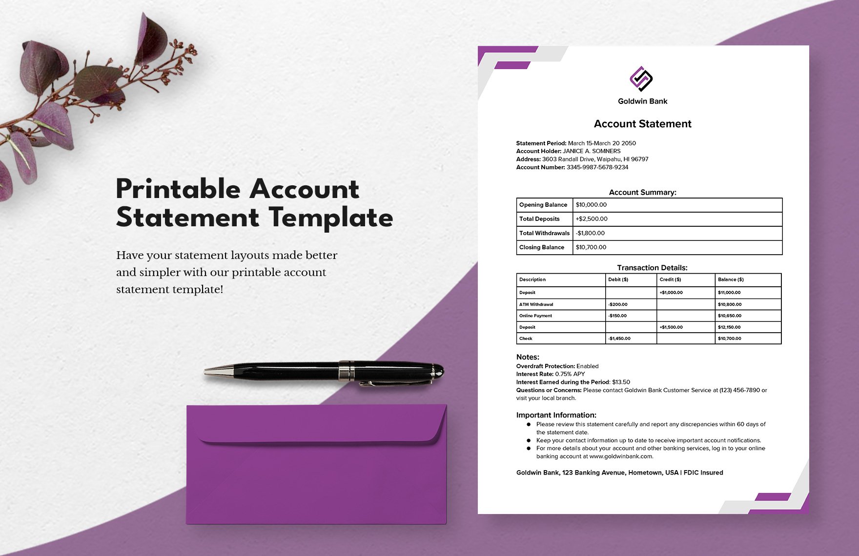 Printable Account Statement Template