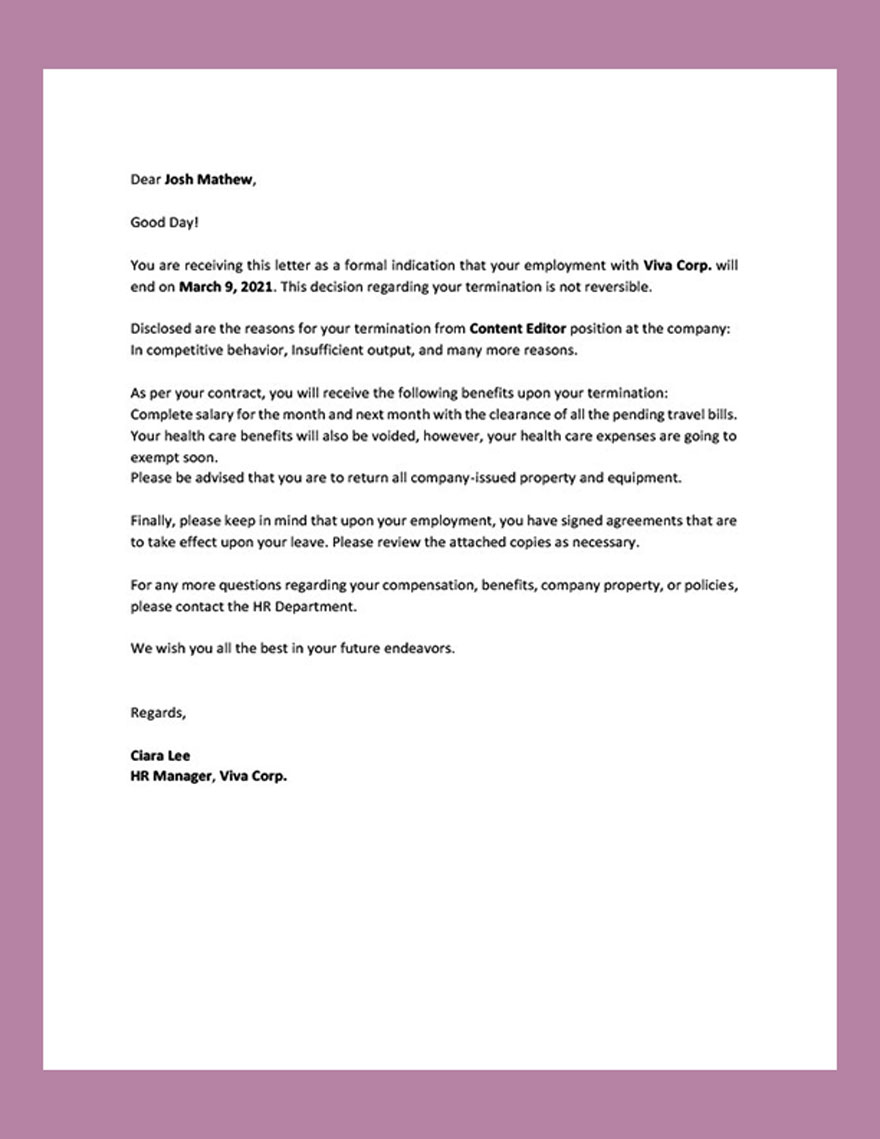 Termination Notice Letter Template