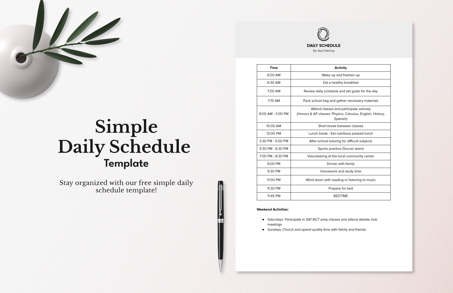 Free Simple Daily Schedule Template