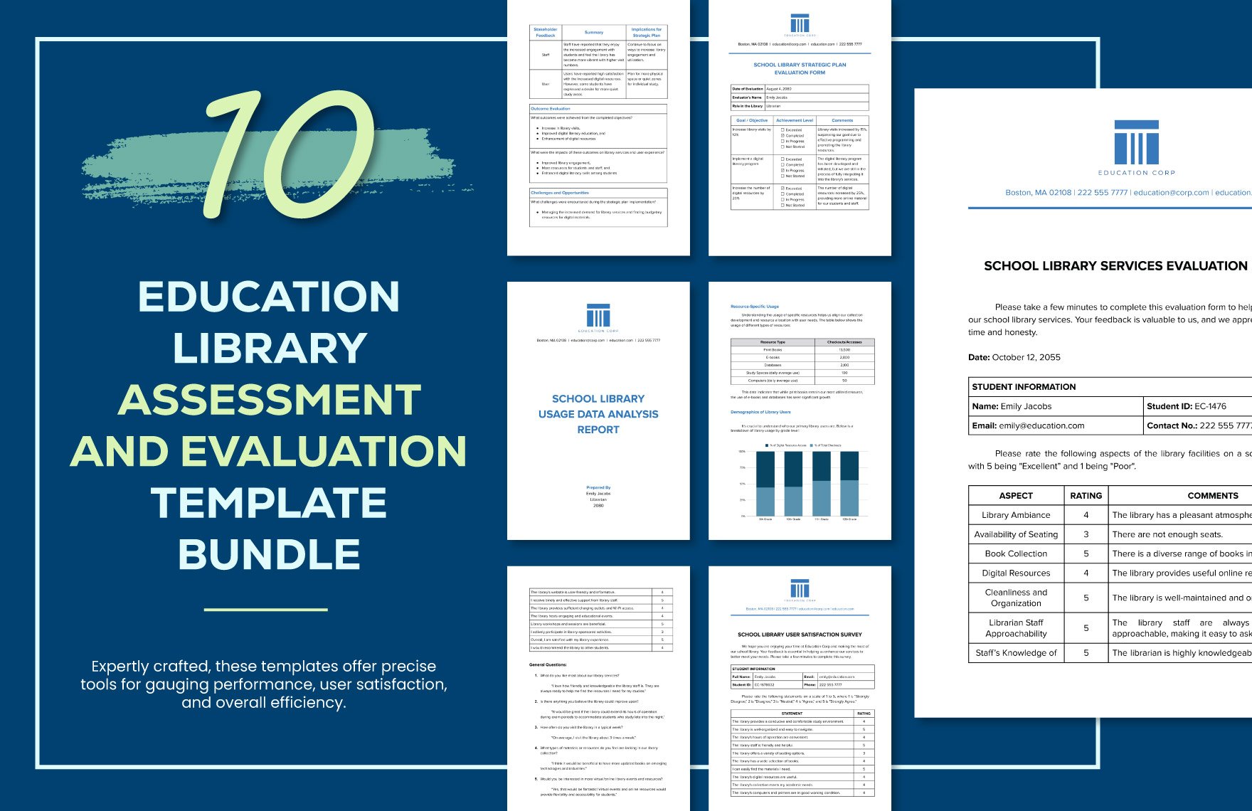 10 Education Library Assessment and Evaluation Template Bundle