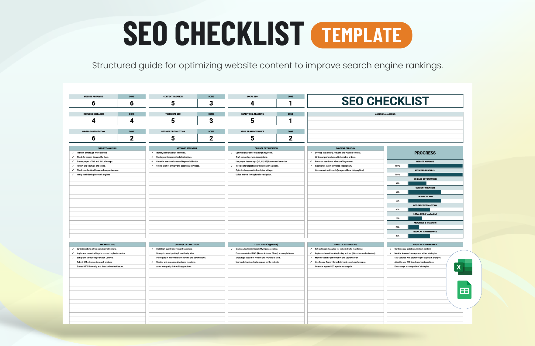 SEO Checklist Template in Excel, Google Sheets