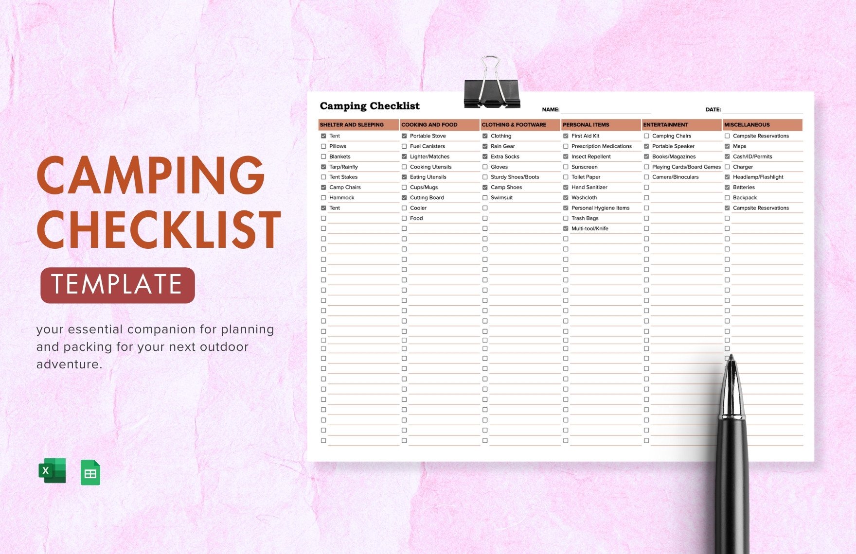 Camping Checklist Template in Excel, Google Sheets