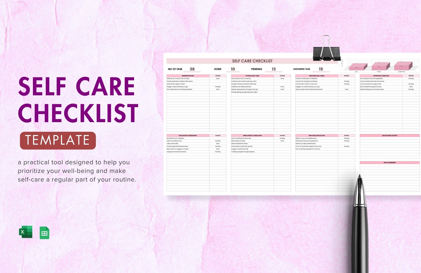 Self Care Checklist Template in Excel, Google Sheets