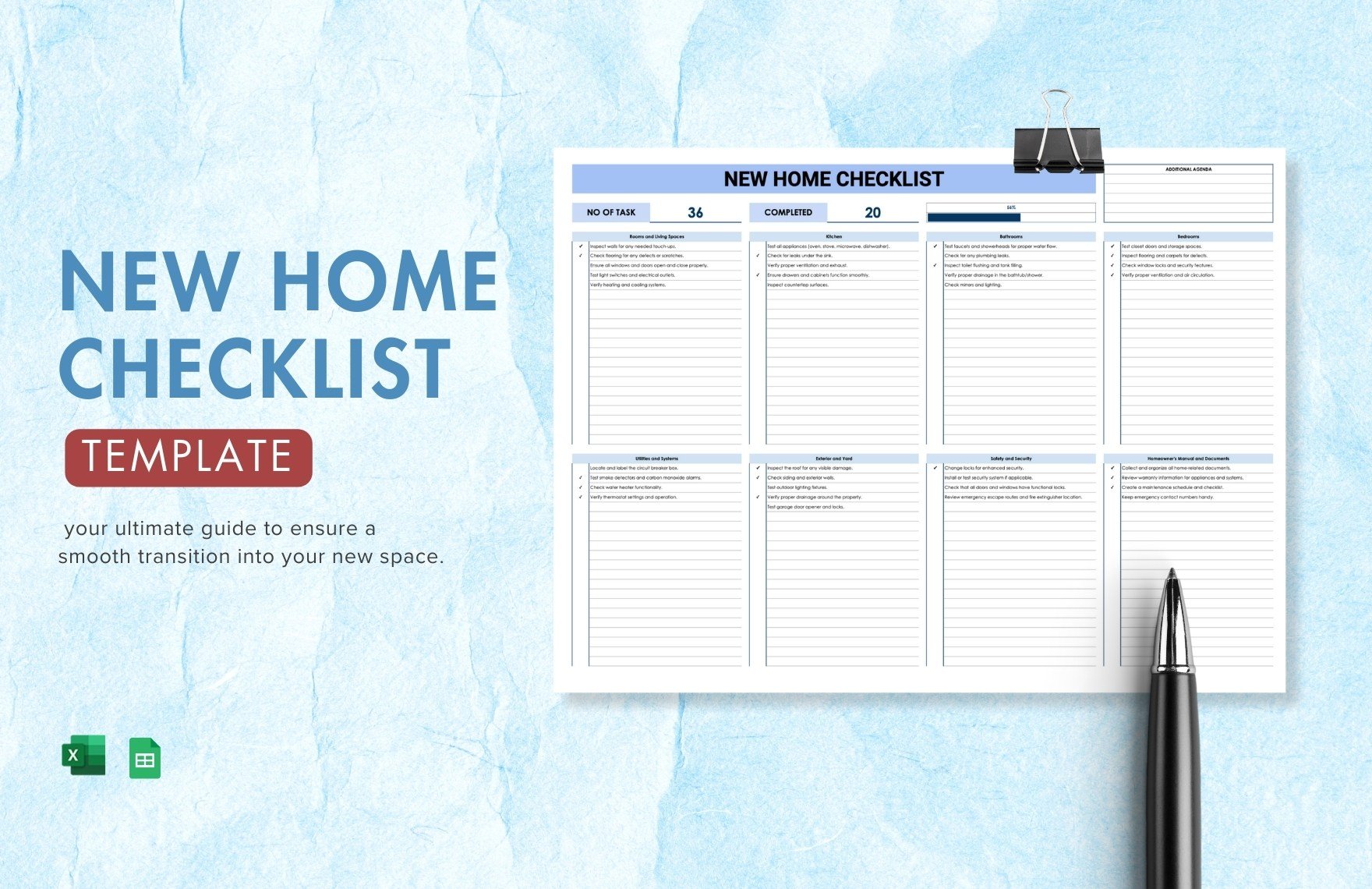 New Home Checklist Template in Excel, Google Sheets