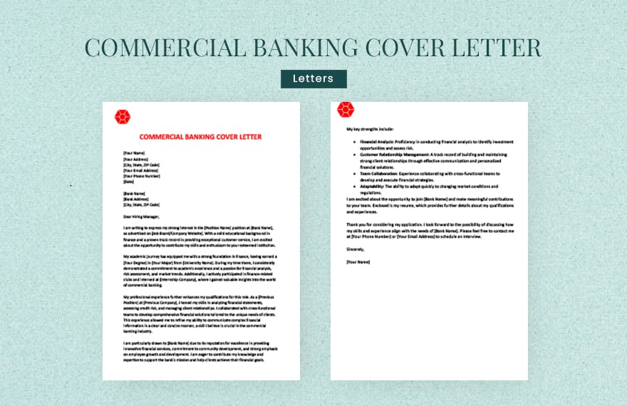 Commercial banking cover letter in Word, Google Docs, Apple Pages