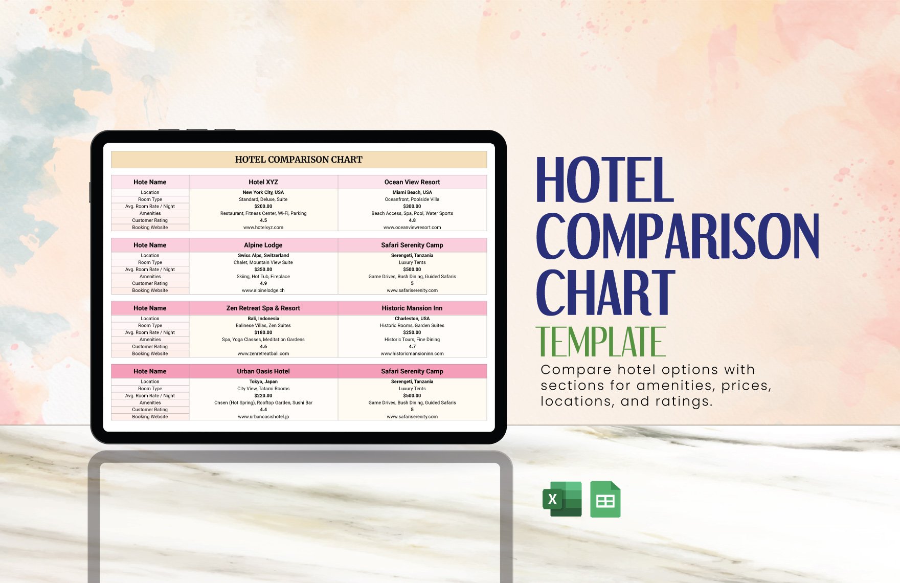 Hotel Comparison Chart Template in Excel, Google Sheets