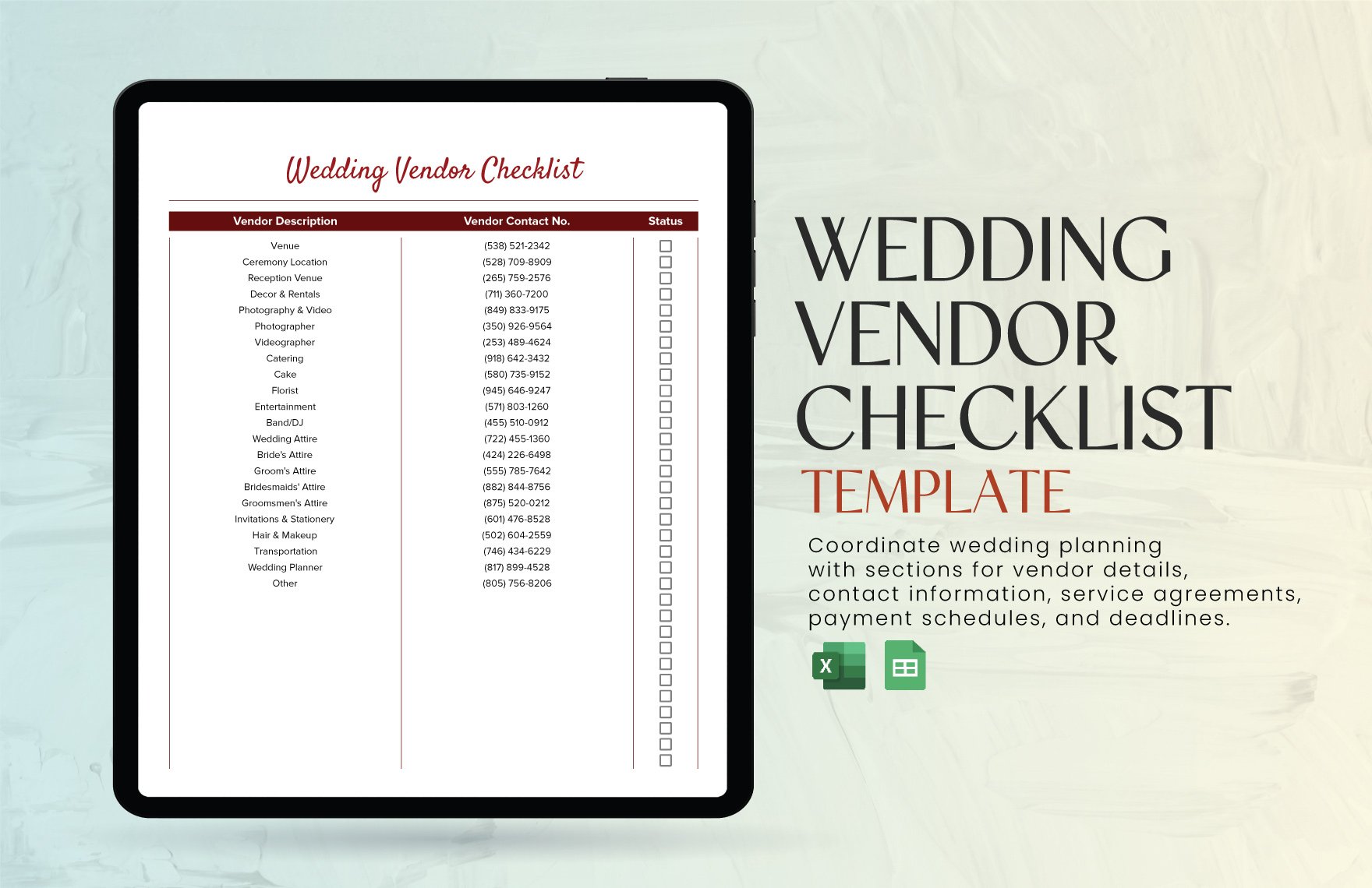 Wedding Vendor Checklist Template in Excel, Google Sheets