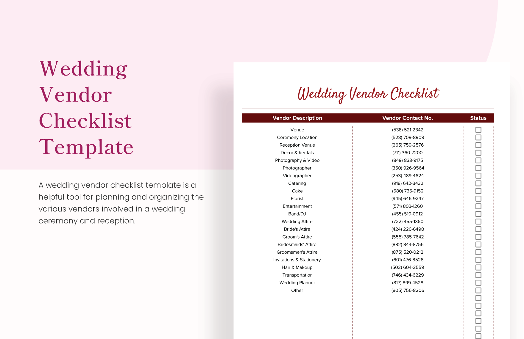 Wedding Vendor Checklist Template in Excel, Google Sheets