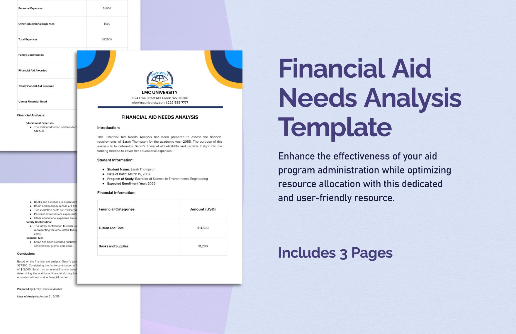 Financial Aid Needs Analysis Template