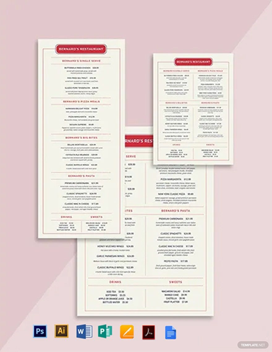 Simple Family Restaurant Menu Template in Illustrator, Word, Pages, Publisher, PSD, Google Docs, Google Docs, PDF - Download | Template.net