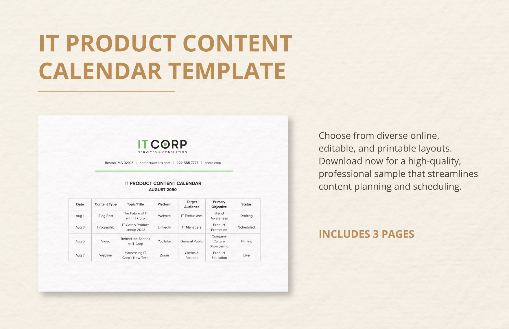 IT Product Content Calendar Template in Word, Google Docs, PDF