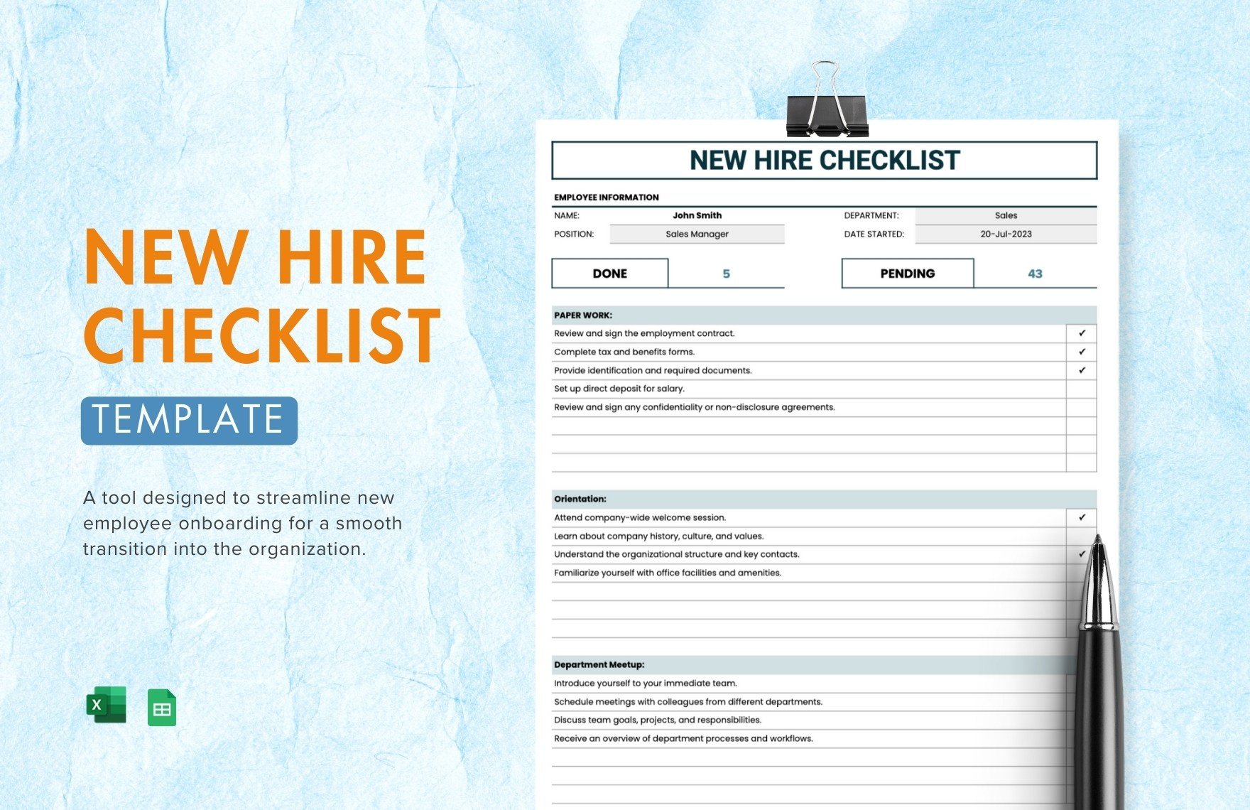Free New Hire Checklist Template in Excel, Google Sheets