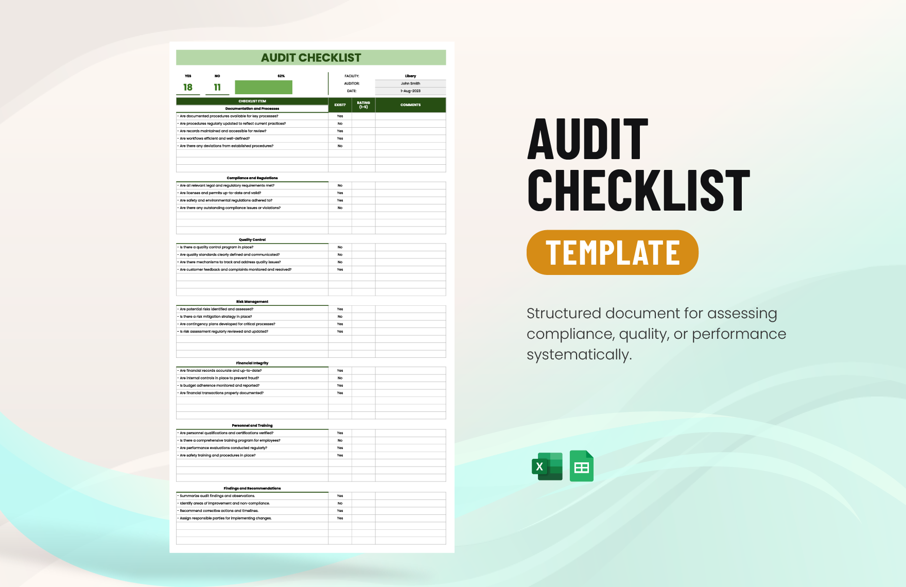 Audit Checklist Template in Excel, Google Sheets