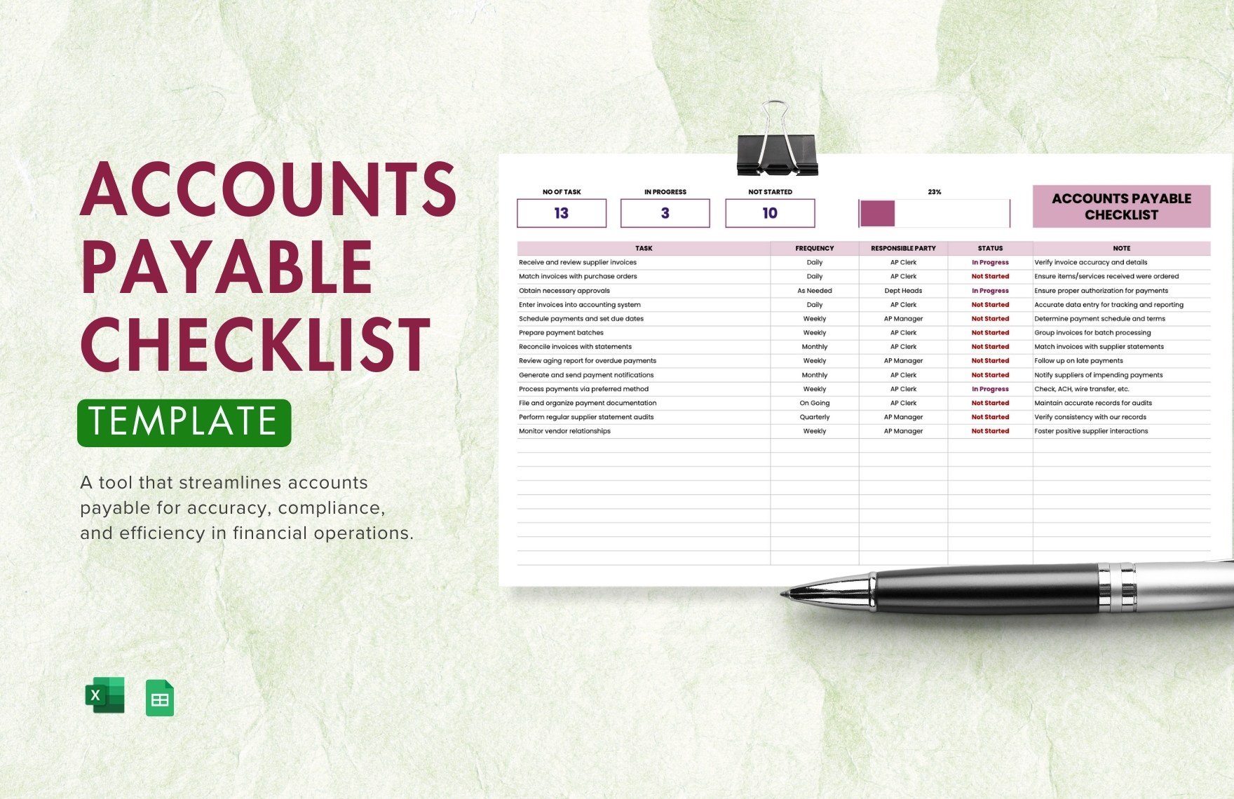 Accounts Payable Checklist Template in Excel, Google Sheets