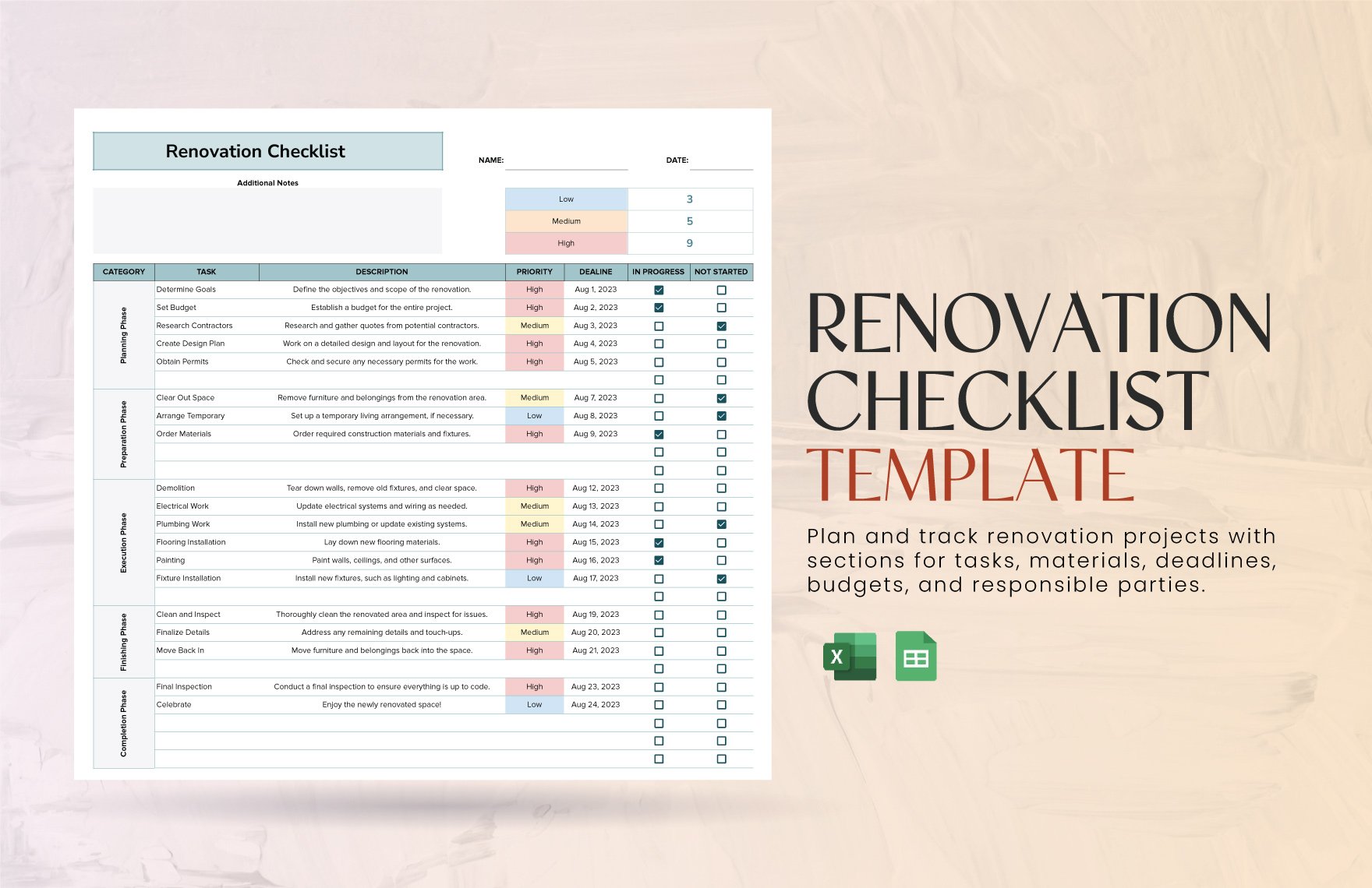 Renovation Checklist Template in Excel, Google Sheets