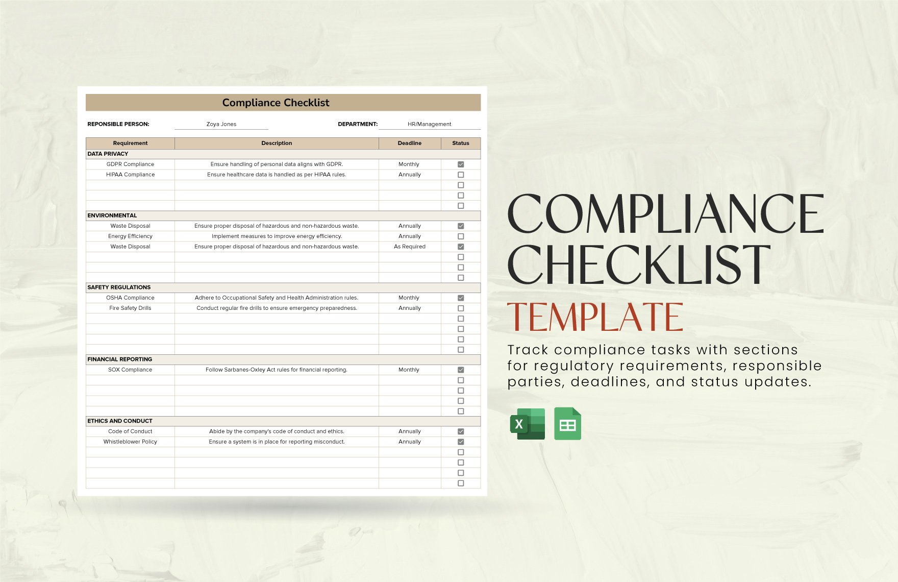 Compliance Checklist Template in Excel, Google Sheets
