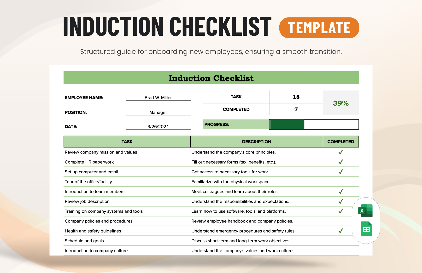 Induction Checklist Template in Excel, Google Sheets