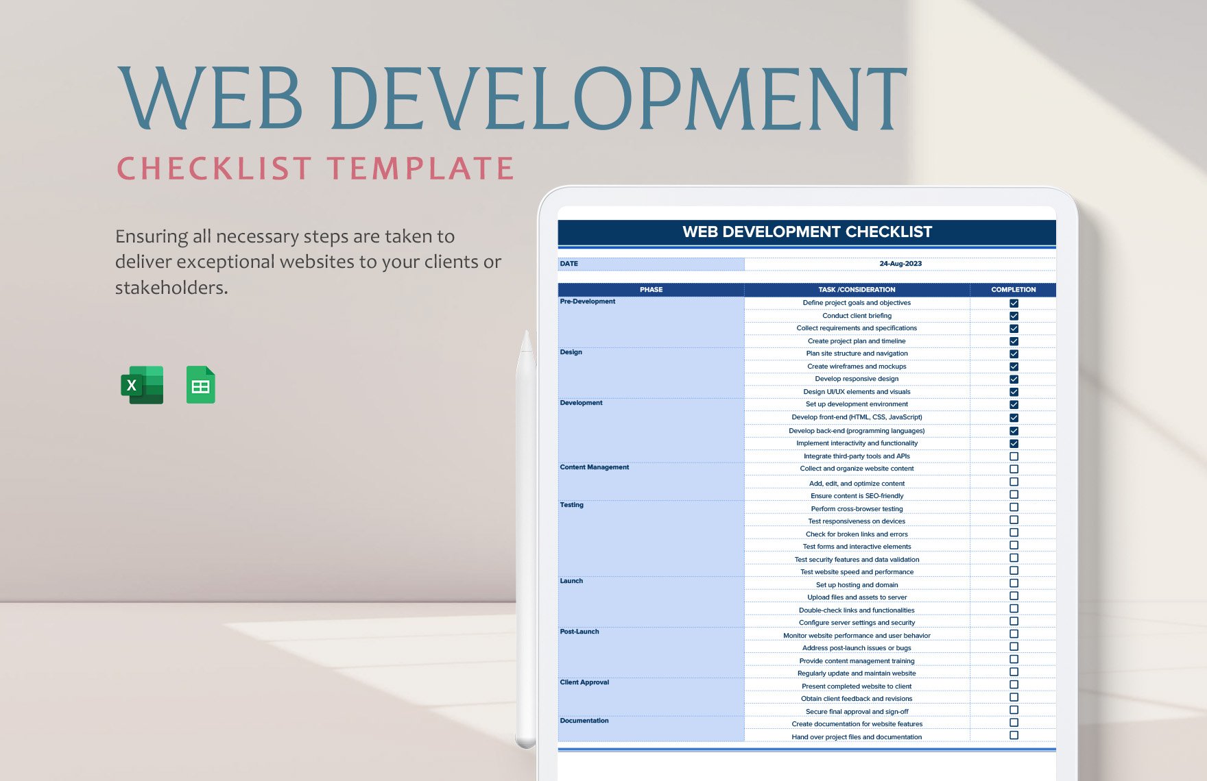 Web Development Checklist Template in Excel, Google Sheets