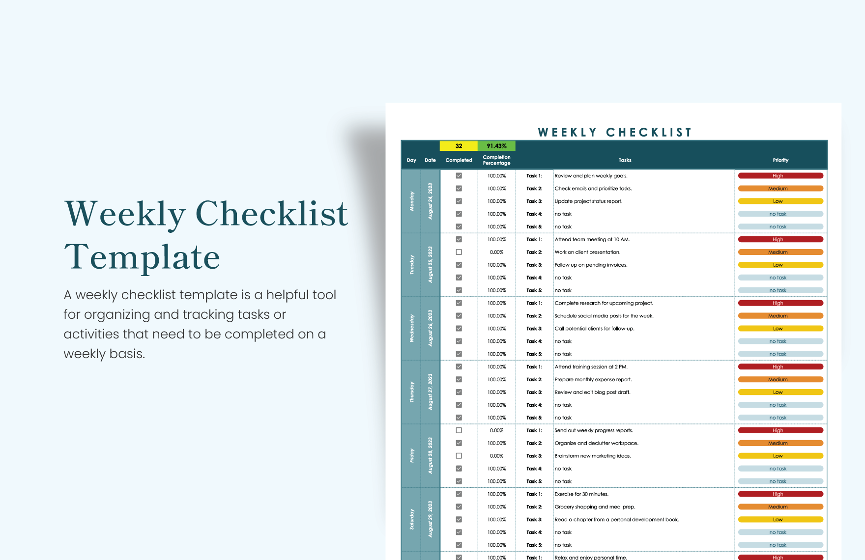 Weekly Checklist Template in Excel, Google Sheets