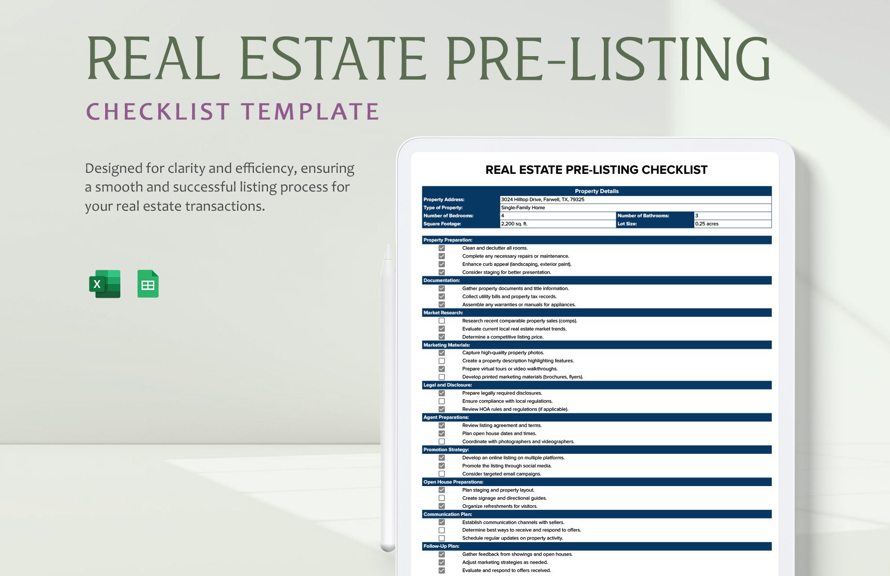 Real Estate Pre-Listing Checklist Template in Excel, Google Sheets