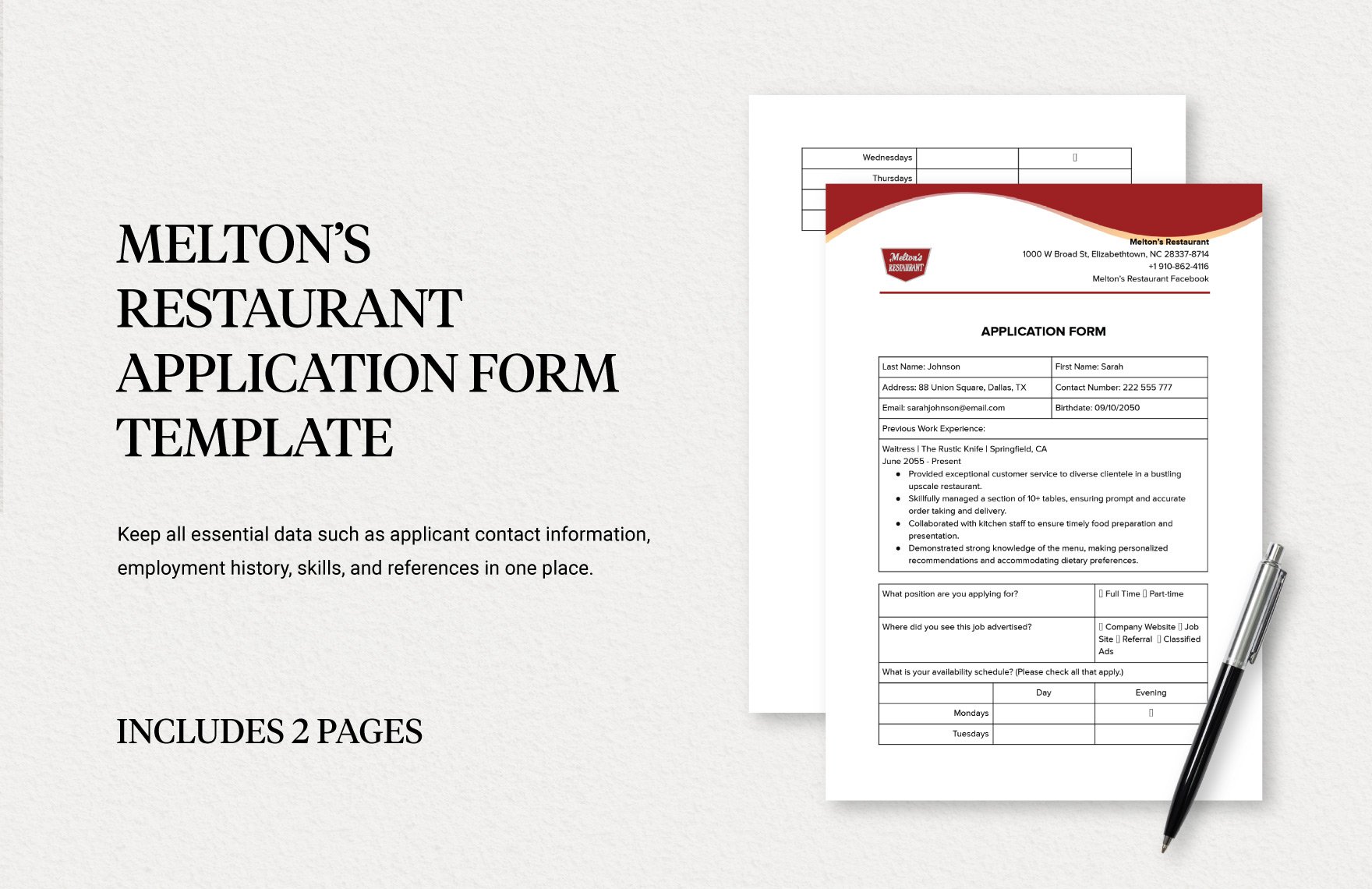 Melton's Restaurant Application Form Template