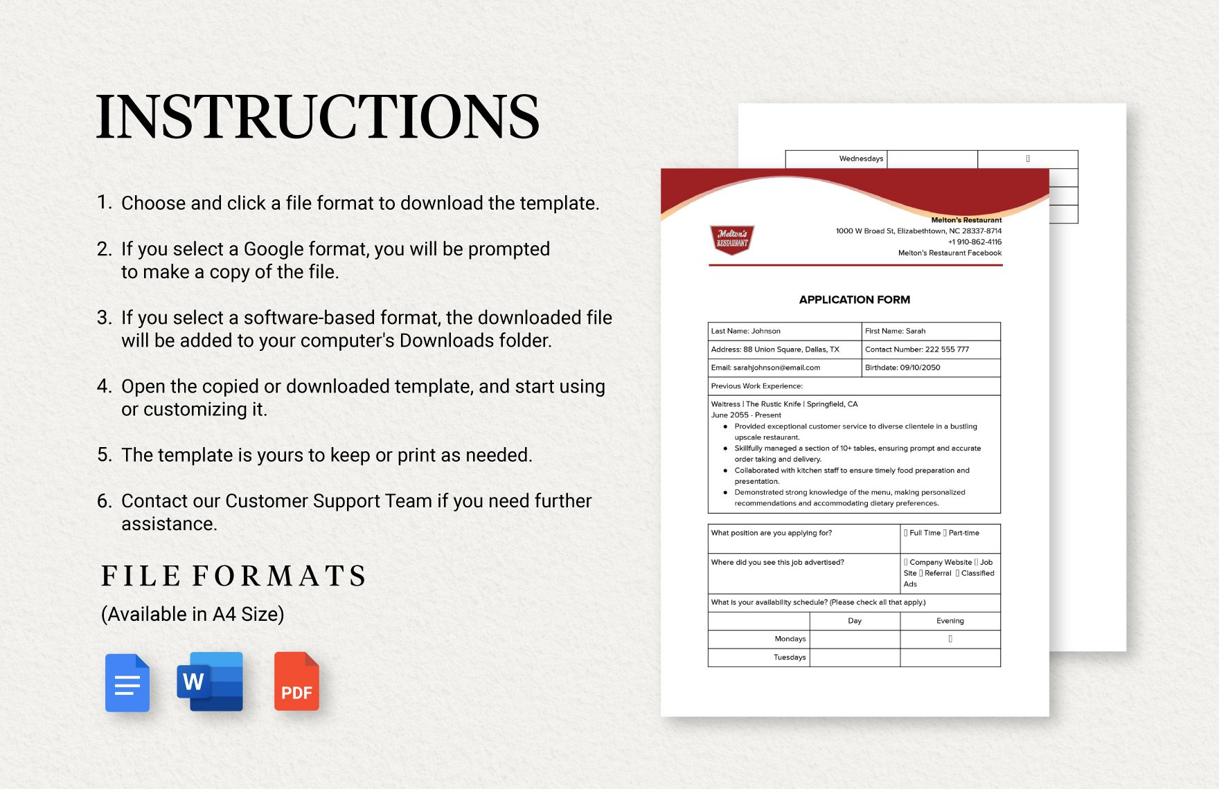 Melton's Restaurant Application Form Template