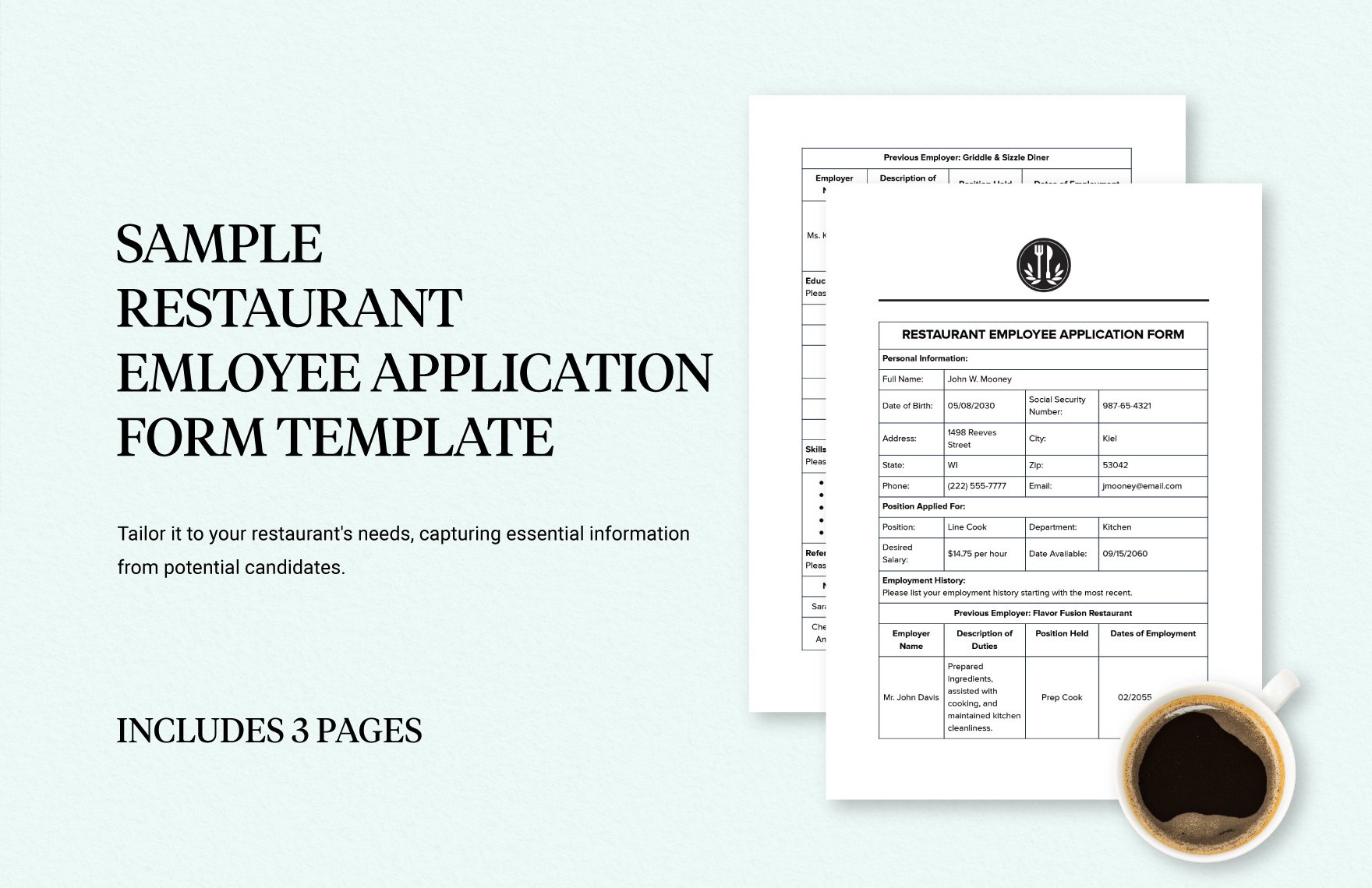 Sample Restaurant Employee Application Form Template