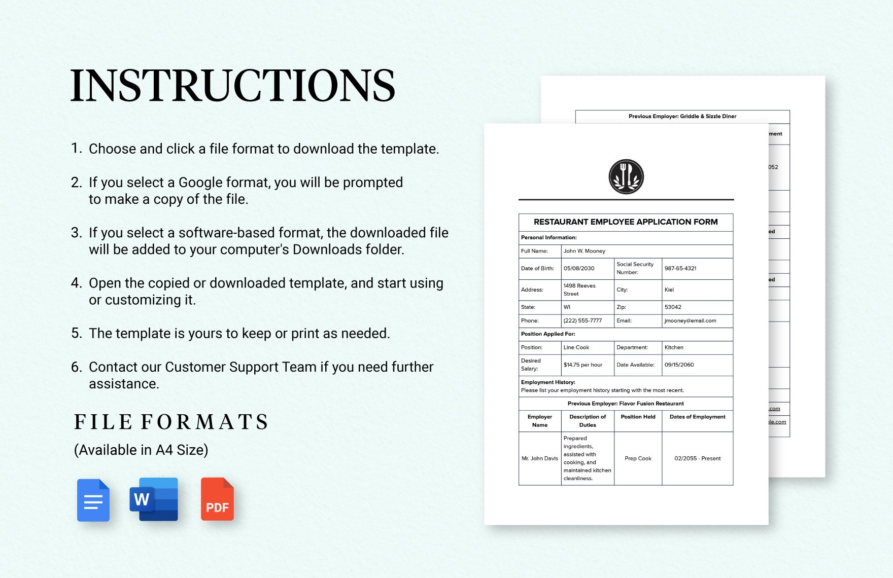 Sample Restaurant Employee Application Form Template