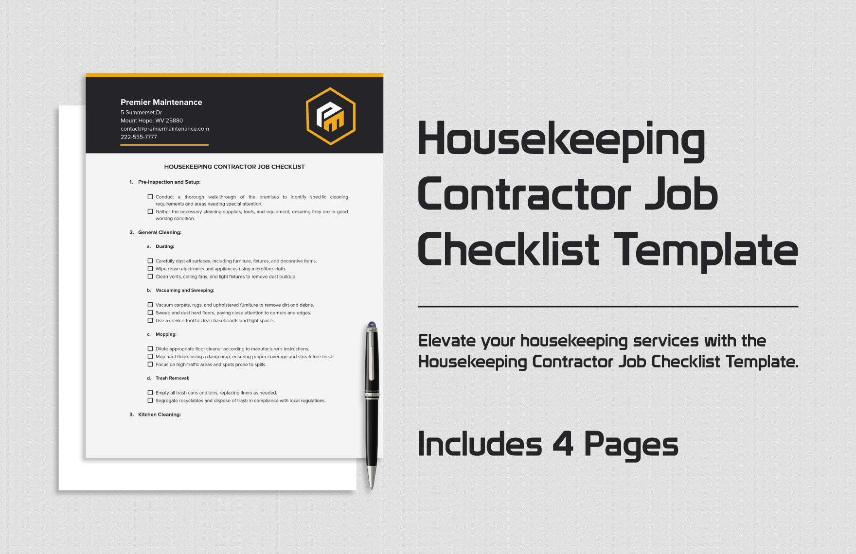 Housekeeping Contractor Job Checklist Template in Word, Google Docs, PDF