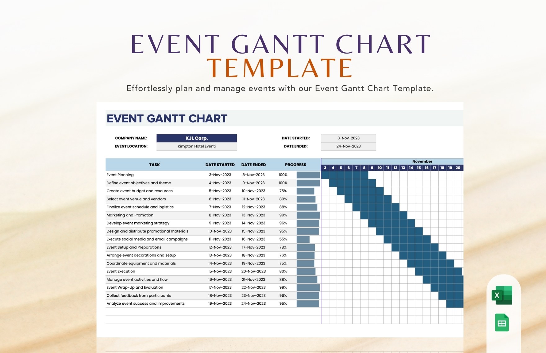 Event Gantt Chart Template in Excel, Google Sheets