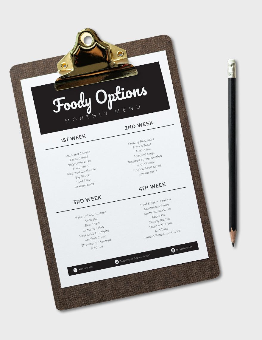 Monthly Menu Planner Template