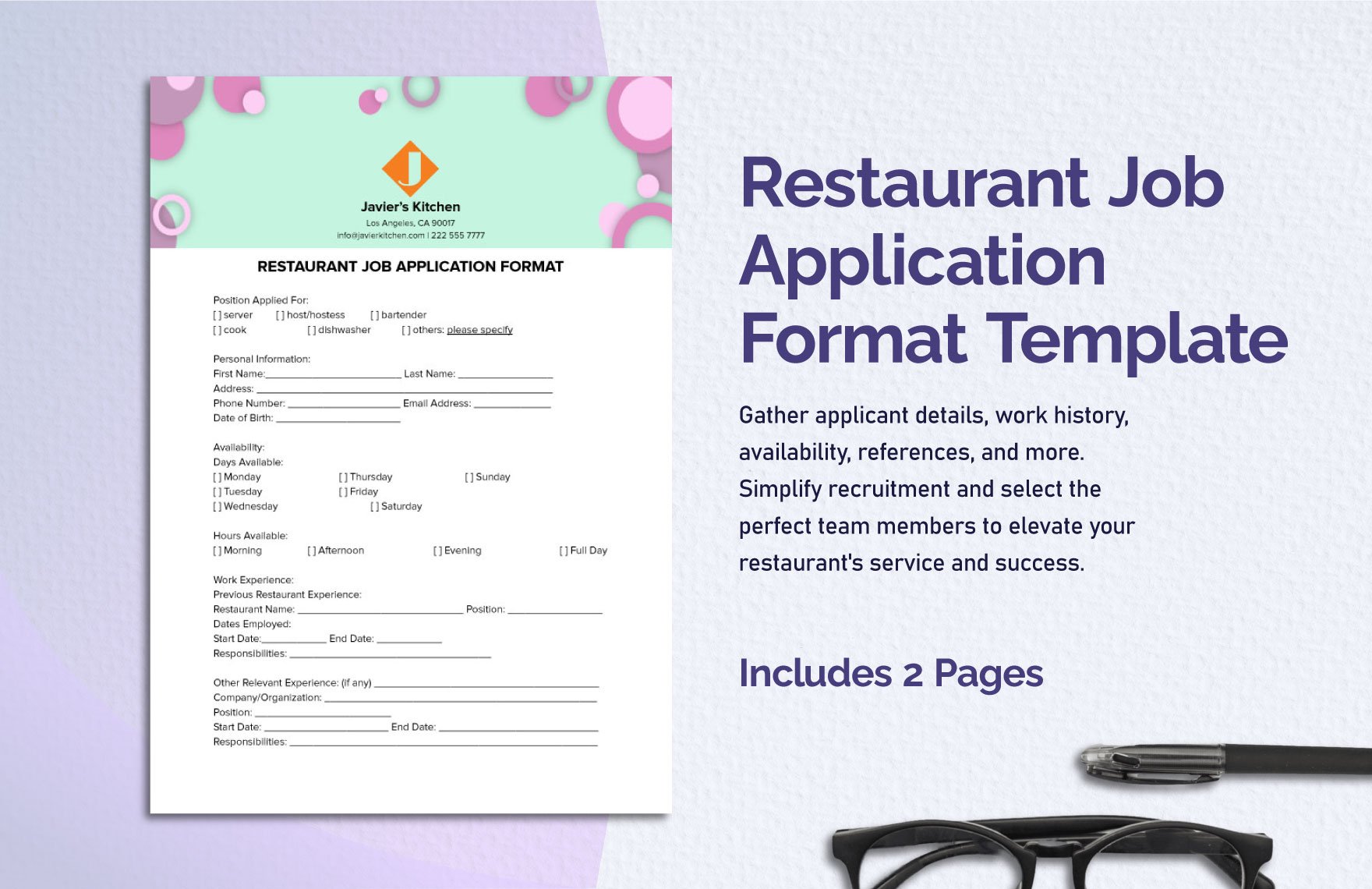 Restaurant Job Application Format Template