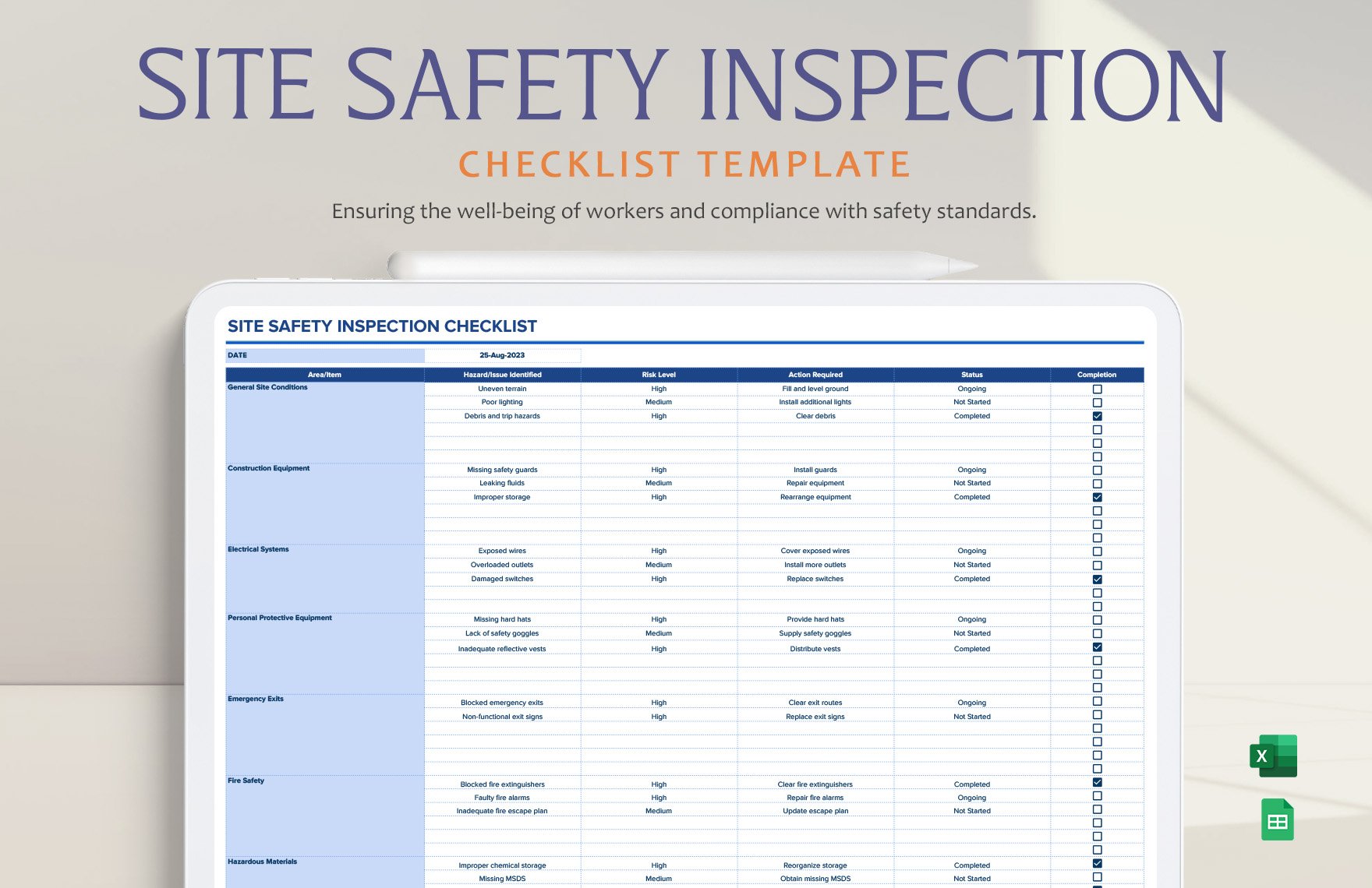 Site Safety Inspection Checklist Template in Excel, Google Sheets