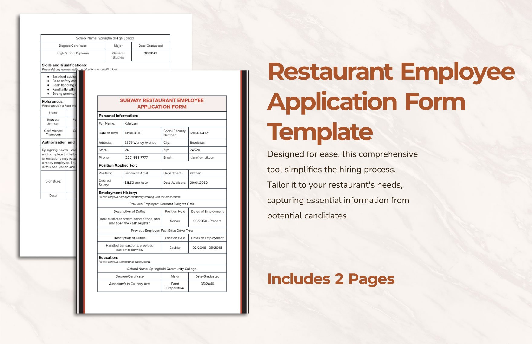 Restaurant Employee Application Form Template