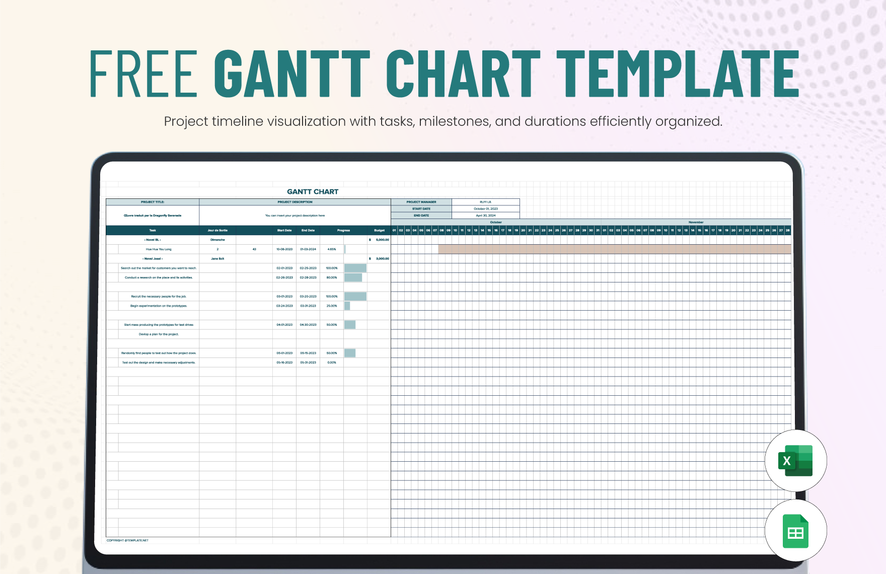 Free Gantt Chart Template in Excel, Google Sheets