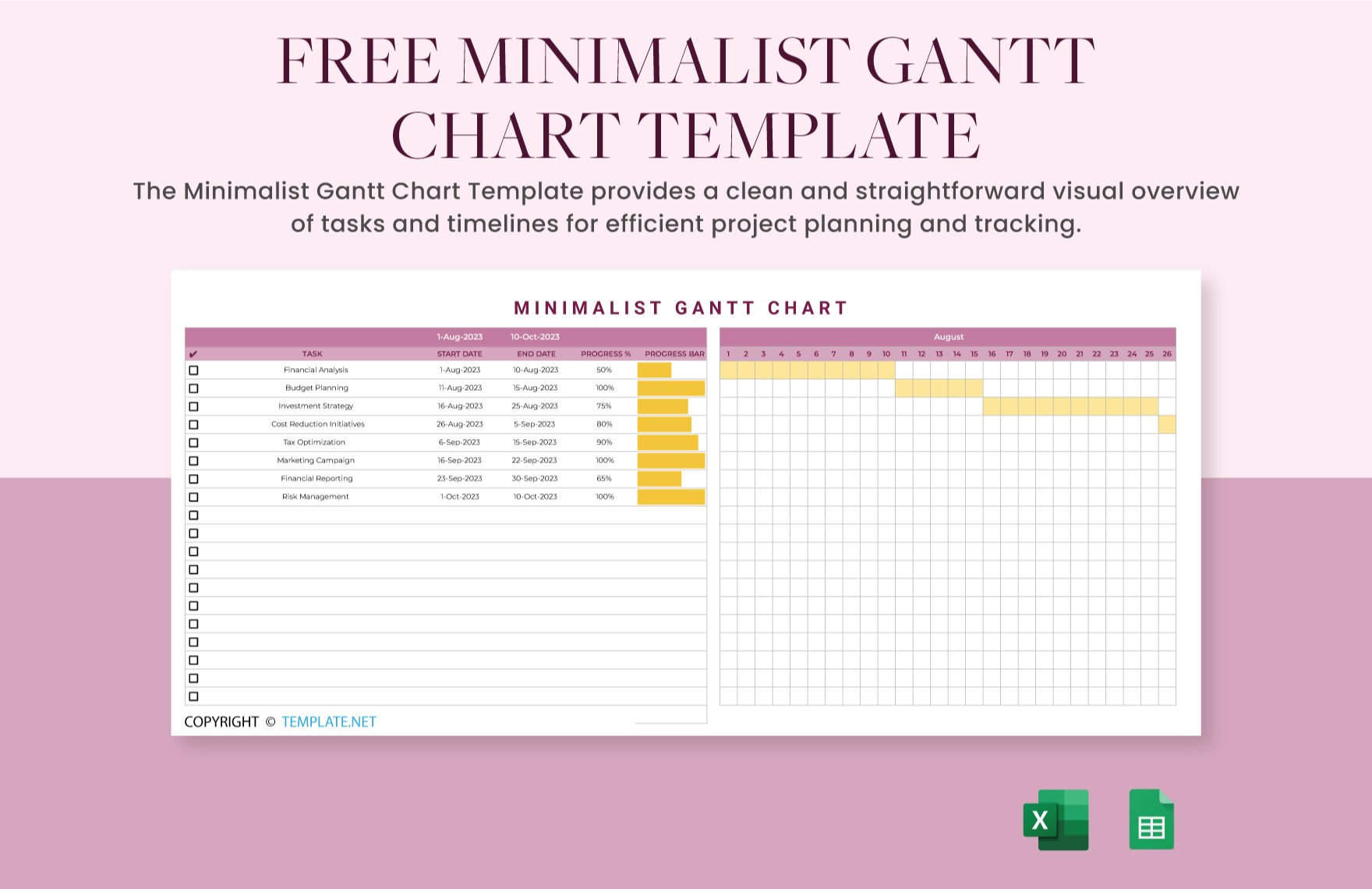 Free Minimalist Gantt Chart Template in Excel, Google Sheets