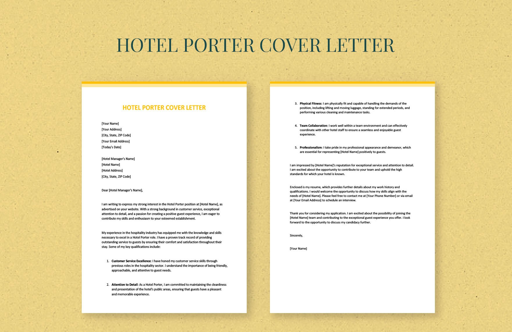 Hotel Porter Cover Letter in Word, Google Docs