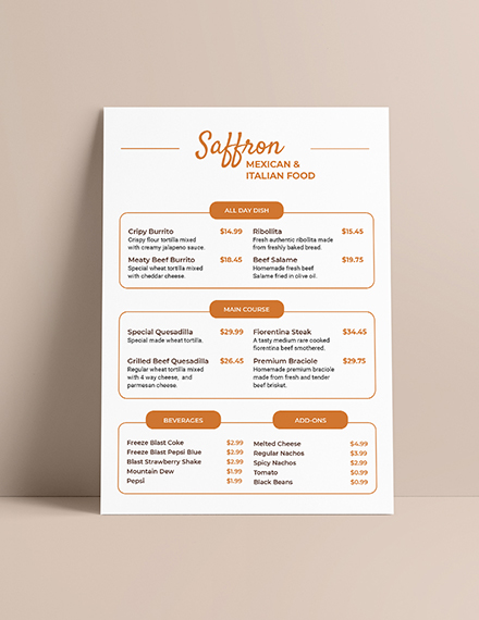 Menu Price List Template