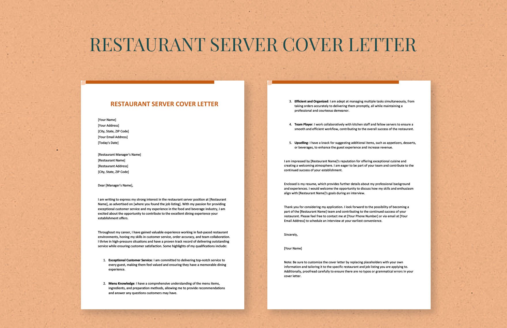 Restaurant Server Cover Letter in Word, Google Docs