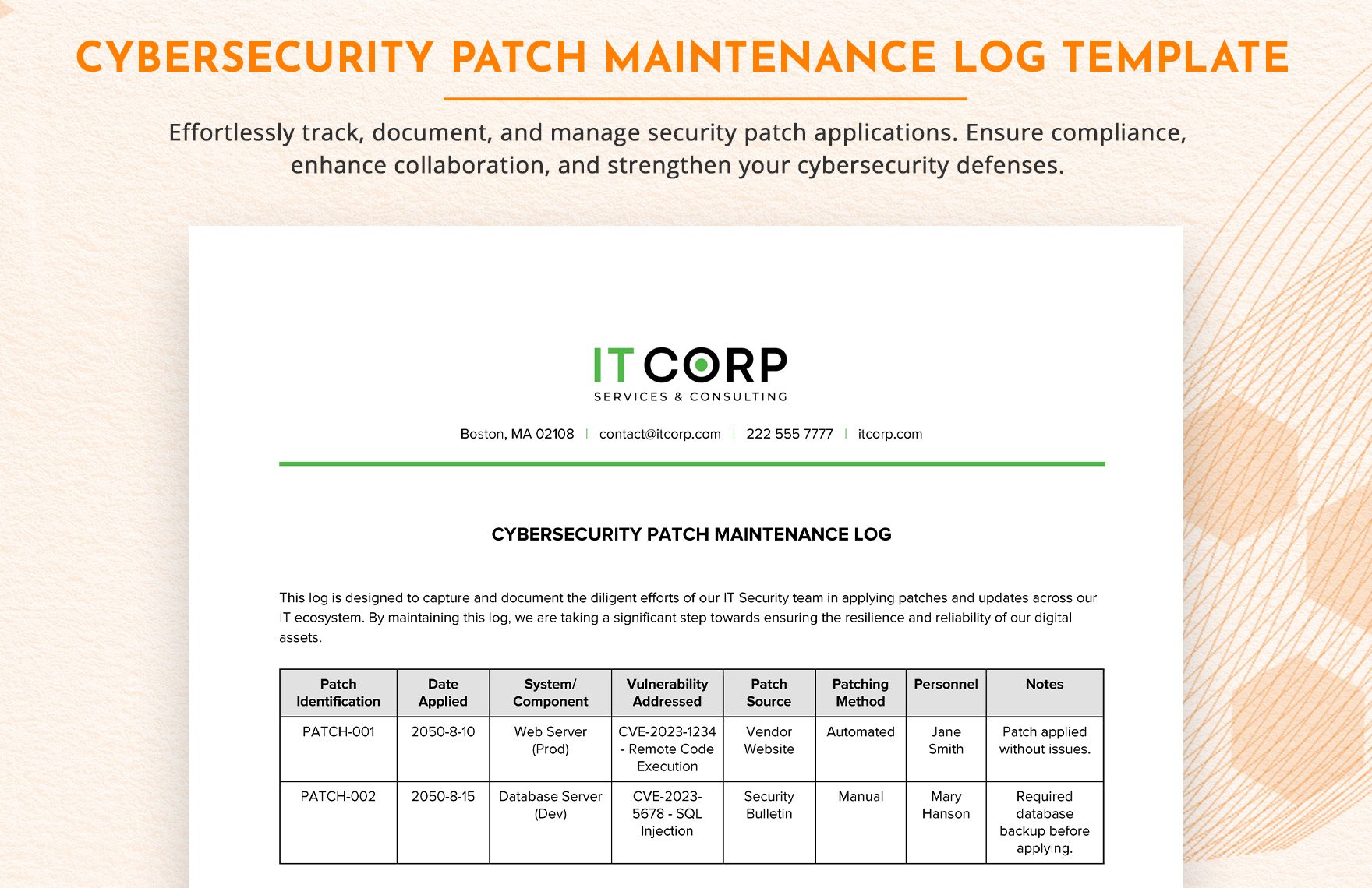 Cybersecurity Patch Maintenance Log Template in Word, Google Docs, PDF