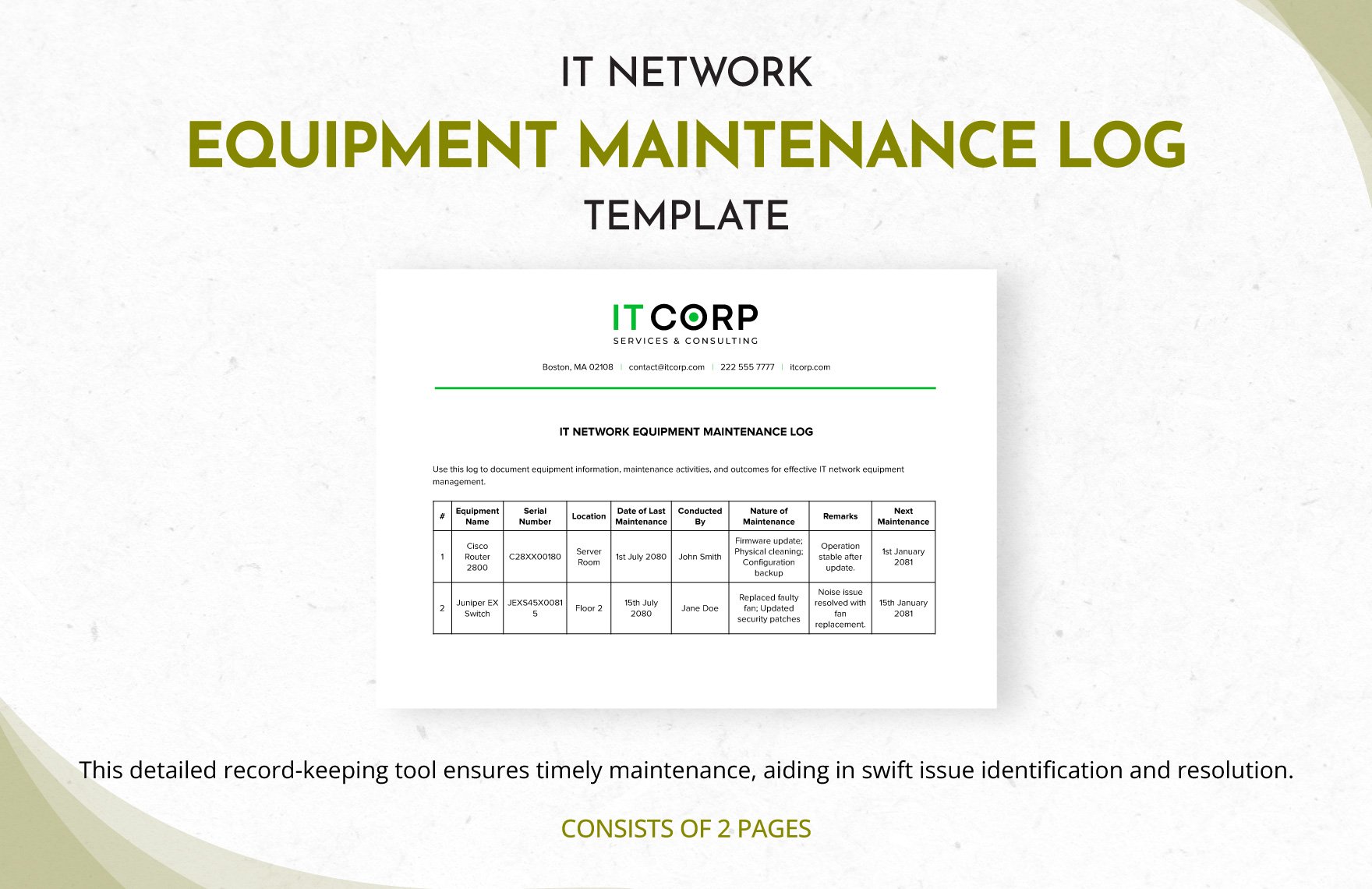 IT Network Equipment Maintenance Log Template